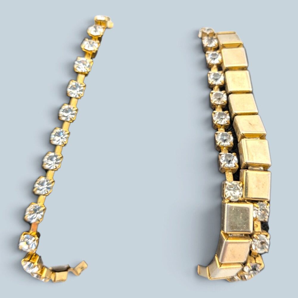Vintage Rhinestone Bracelets Lot of 2 Gold Tone Tennis Brick Link Costume